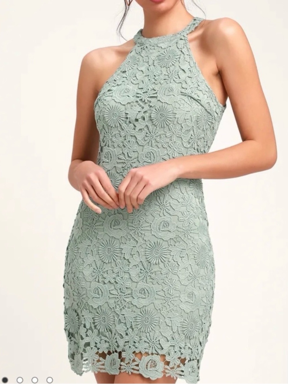 Lulu's Sage Green Halter Floral Lace Mini Dress